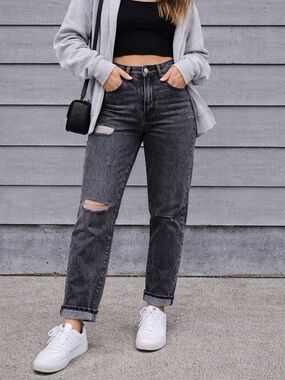 Old Navy OG Straight Jeans Black Distressed Ripped High Rise Denim Women’s